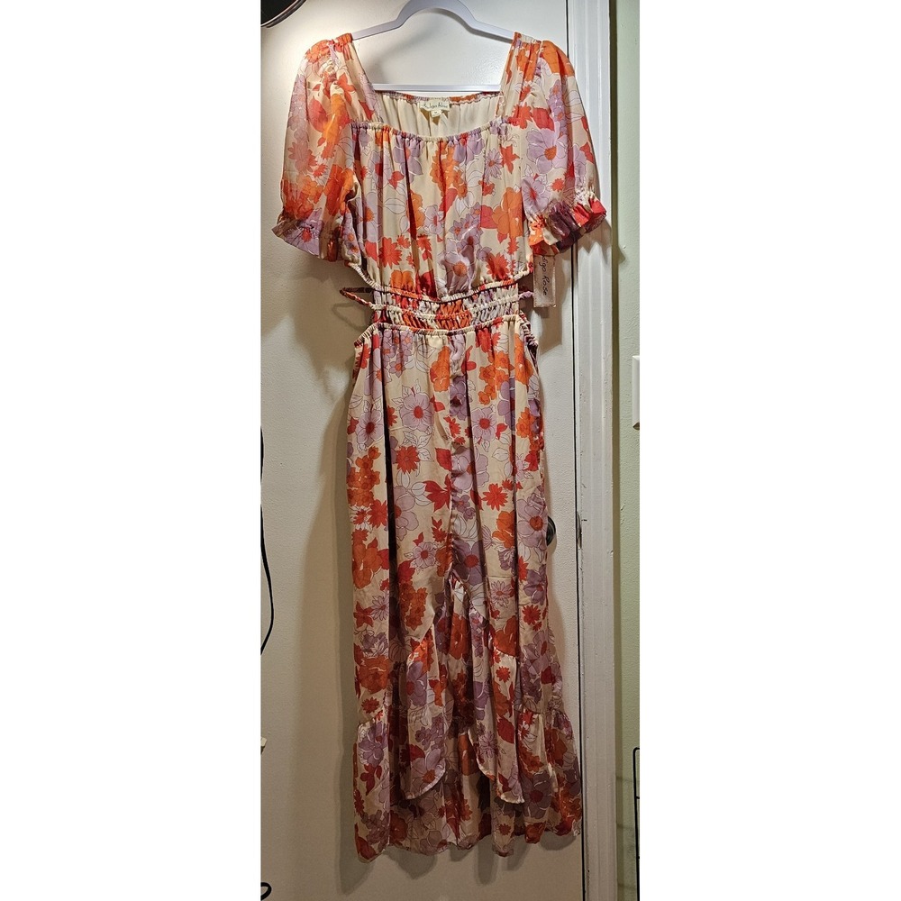Indigo Rose Dress -Floral-Maxi - Lined - Cute Cut Outs On Sides- Size Medium